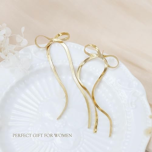 Schleifenohrringe für Damen, 18K vergoldete Schleifen-Ohrhänger Baumelnde Goldohrringe für Damen Trendig für Hochzeit Abschlussball Aretes Para Mujer Goldschmuck Geschenke für Frauen