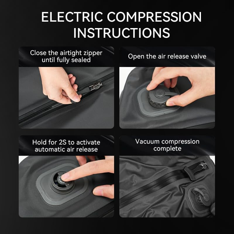 Electric Vacuum Compression Bag Kit, 20L Portable Travel Packing Cube with Built-In Pump, Type-C Rechargeable, Odor & Waterproof Anti-Rip TPU, Saves 60% Space Storage Bags (1, Black)