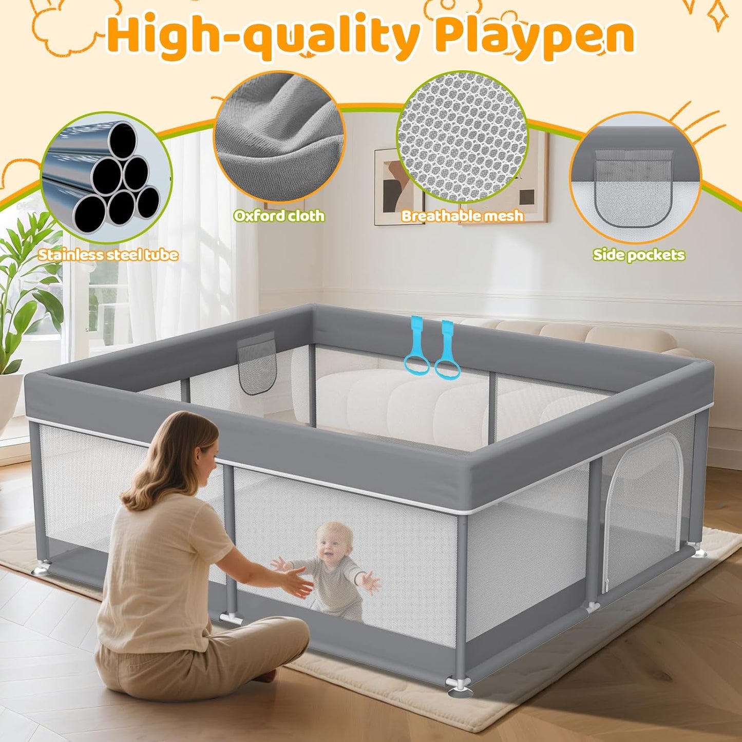 79"X71" Extra Large Baby Playpen - Playard with 2 Pull up Rings & Storage Bag Stable Manual Assembly Baby Fence with Anti-Collision Sponge Sturdy Stainless Steel Play Yard for Toddlers Dark Grey