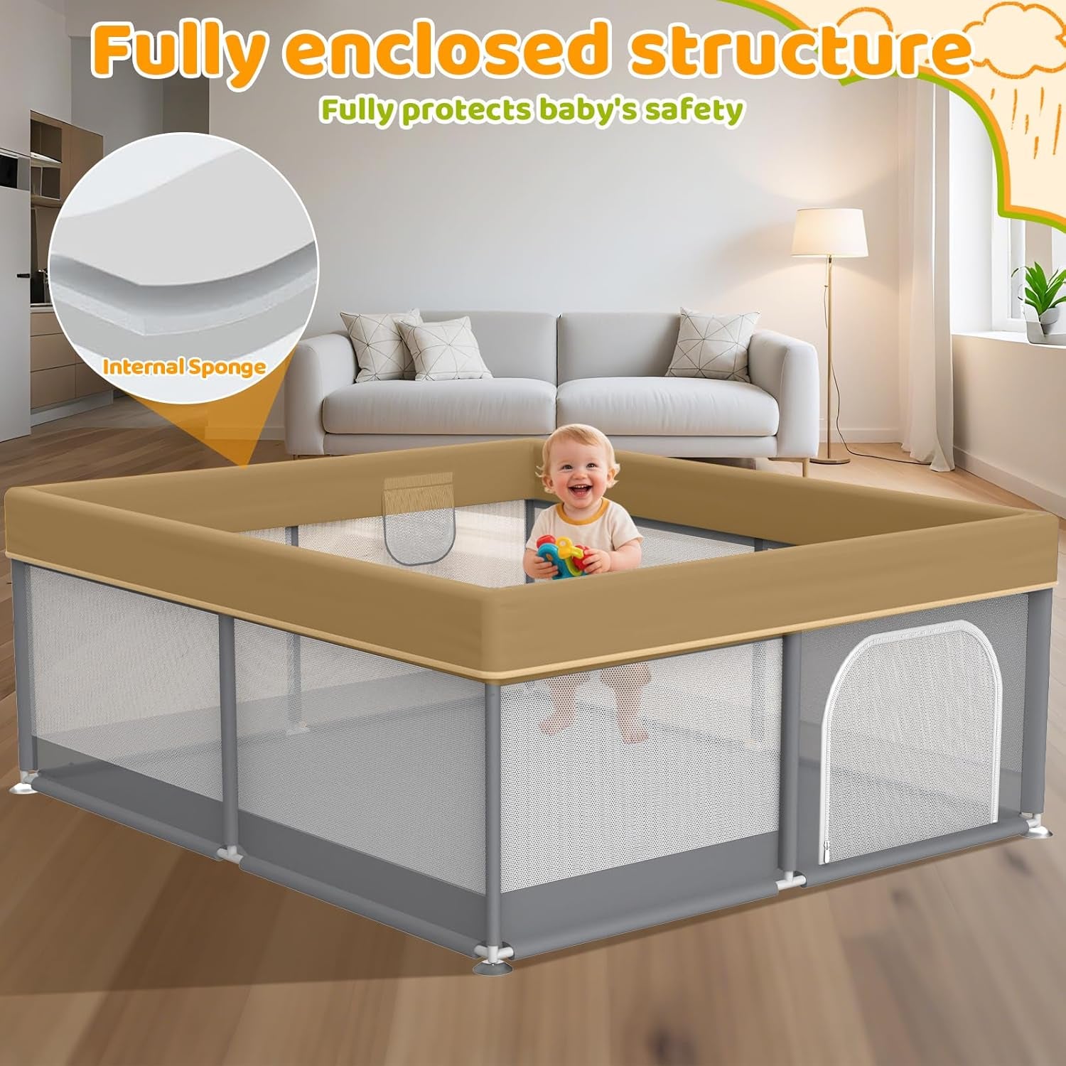 79"X71" Extra Large Baby Playpen - Playard with 2 Pull up Rings & Storage Bag Stable Manual Assembly Baby Fence with Anti-Collision Sponge Sturdy Stainless Steel Play Yard for Toddlers Dark Grey