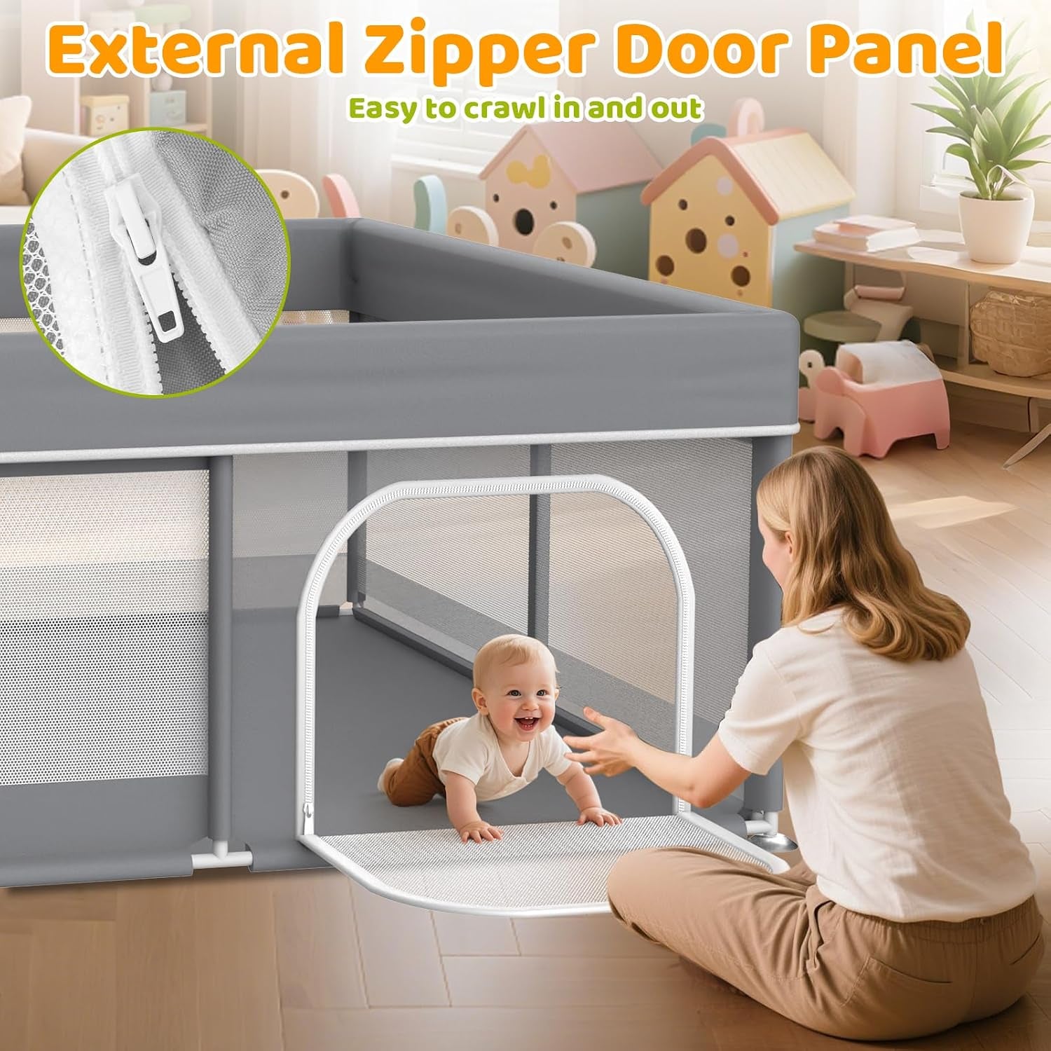 79"X71" Extra Large Baby Playpen - Playard with 2 Pull up Rings & Storage Bag Stable Manual Assembly Baby Fence with Anti-Collision Sponge Sturdy Stainless Steel Play Yard for Toddlers Dark Grey