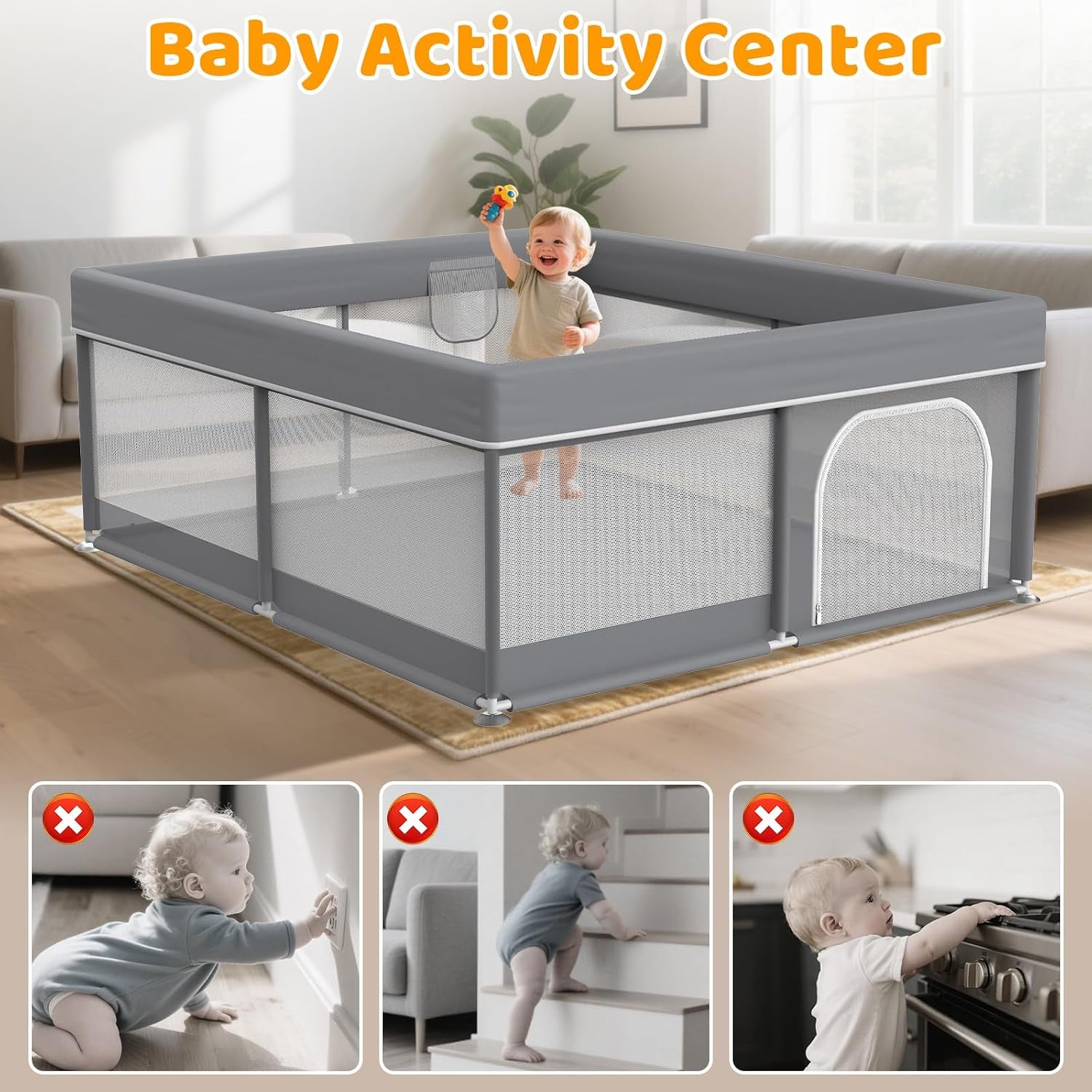 79"X71" Extra Large Baby Playpen - Playard with 2 Pull up Rings & Storage Bag Stable Manual Assembly Baby Fence with Anti-Collision Sponge Sturdy Stainless Steel Play Yard for Toddlers Dark Grey