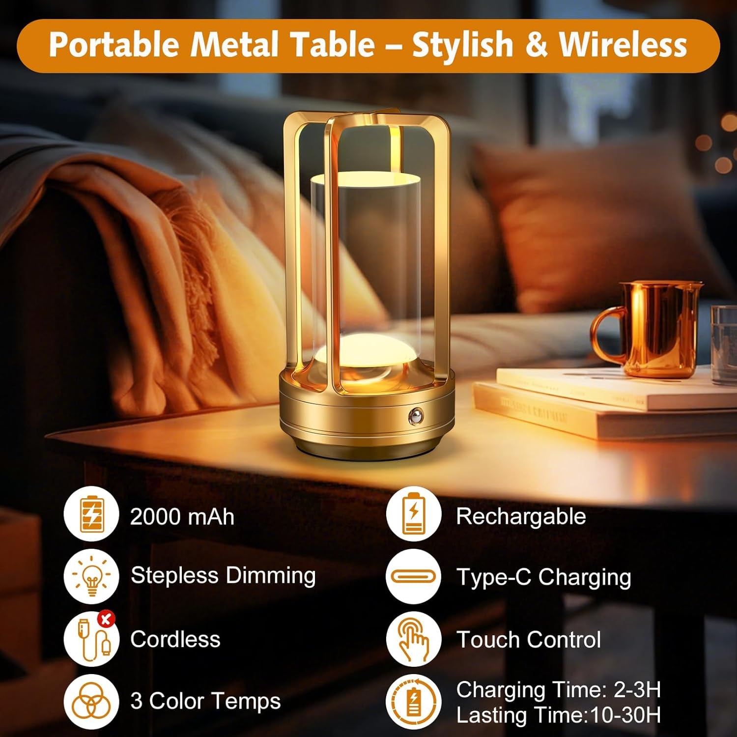 Rechargeable Table Lamp for Outdoor Indoor: Cordless Portable Table Lamps with 3 Color Stepless Dimmable - LED Metal Battery Operated Lantern - Small Table Lamp for Bedroom/Bar/Coffee Shop/Camping