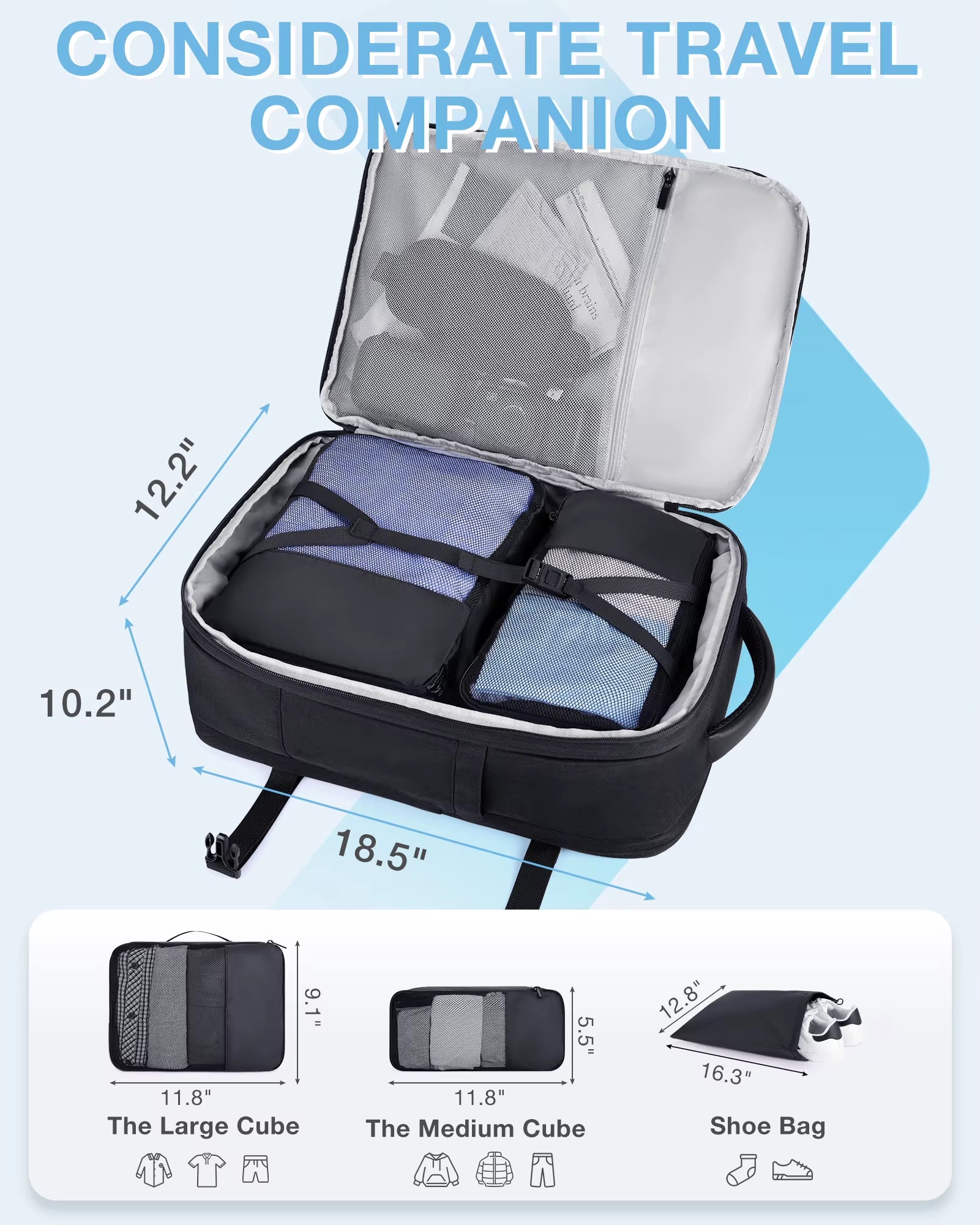 4Pcs 40L Travel Cabin Backpack  17.3'' Laptop Backpack Airline Carry on Luggage Backpack Suitcase with Packing Cubes