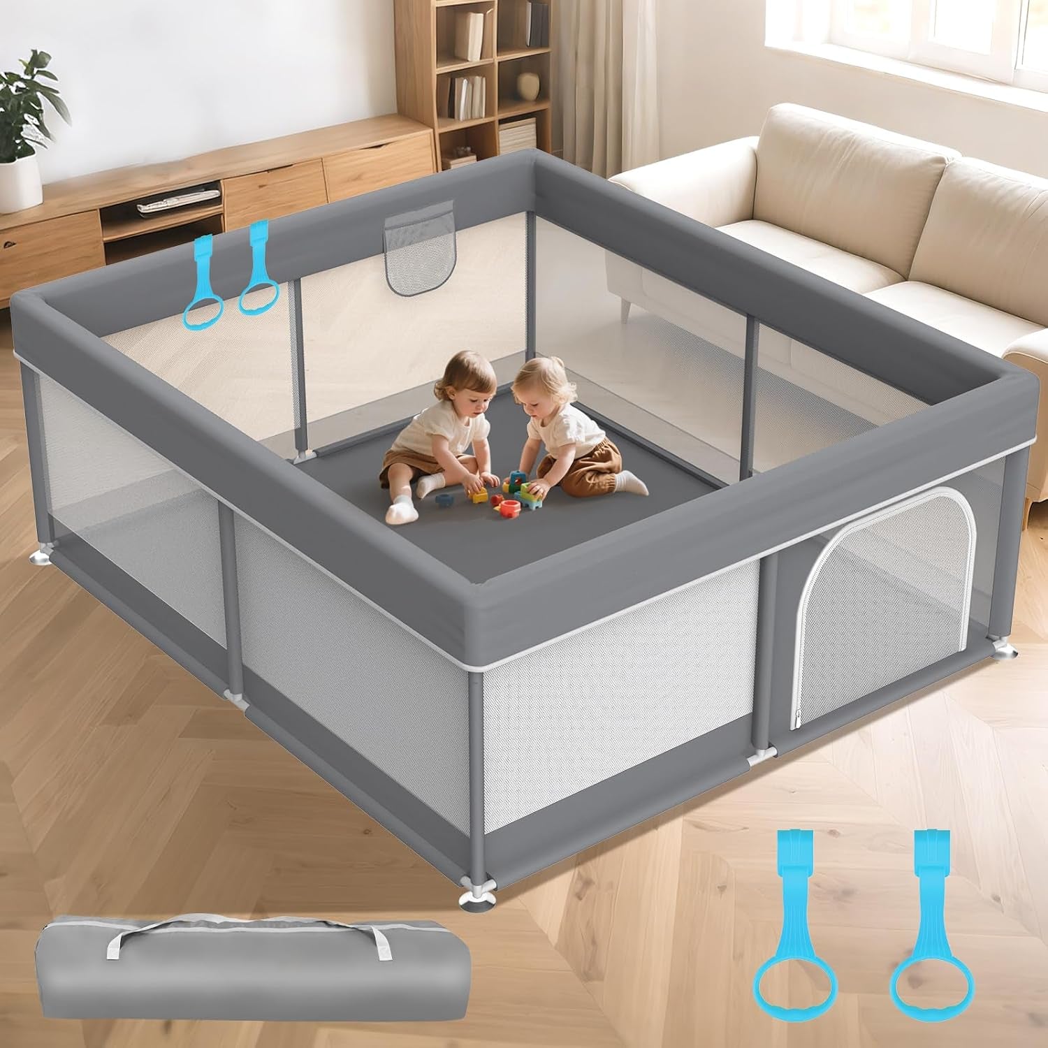 79"X71" Extra Large Baby Playpen - Playard with 2 Pull up Rings & Storage Bag Stable Manual Assembly Baby Fence with Anti-Collision Sponge Sturdy Stainless Steel Play Yard for Toddlers Dark Grey