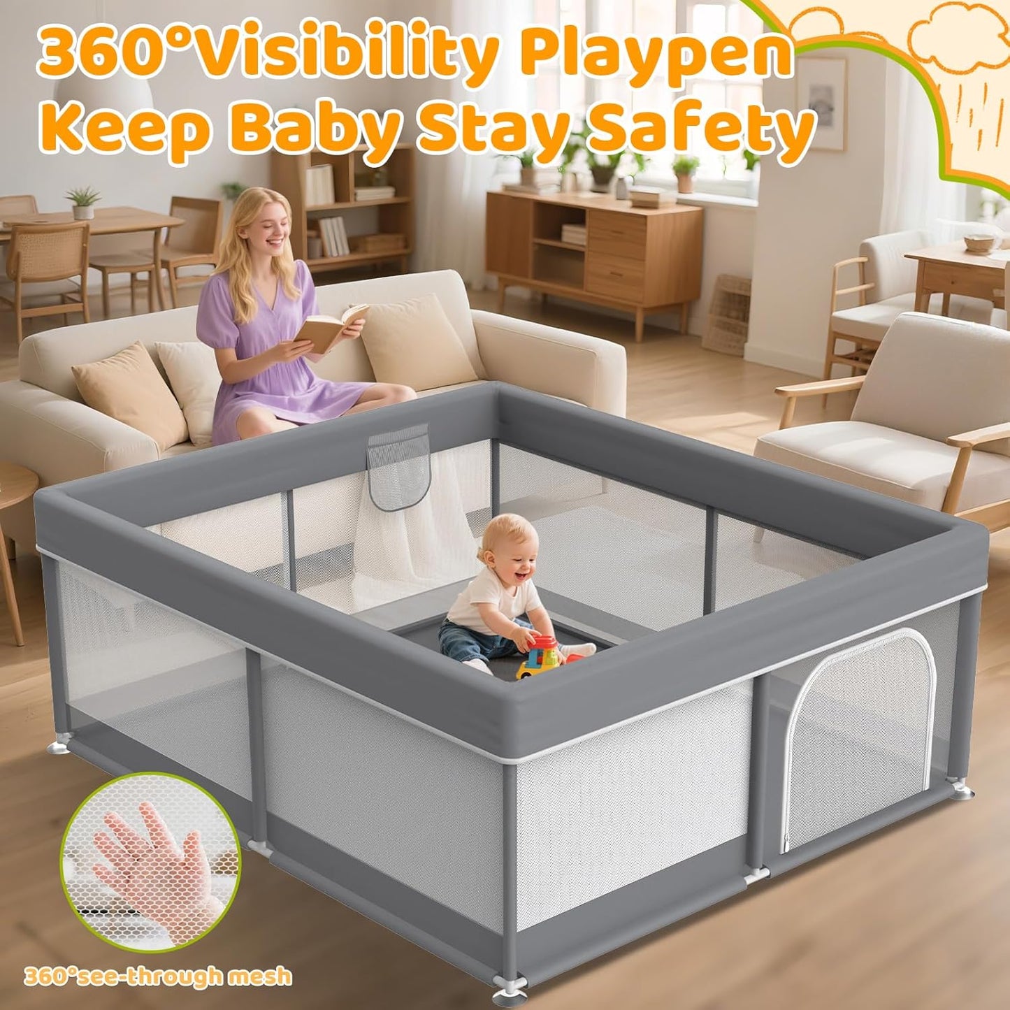79"X71" Extra Large Baby Playpen - Playard with 2 Pull up Rings & Storage Bag Stable Manual Assembly Baby Fence with Anti-Collision Sponge Sturdy Stainless Steel Play Yard for Toddlers Dark Grey