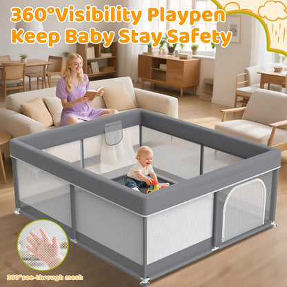 79"X71" Extra Large Baby Playpen - Playard with 2 Pull up Rings & Storage Bag Stable Manual Assembly Baby Fence with Anti-Collision Sponge Sturdy Stainless Steel Play Yard for Toddlers Dark Grey
