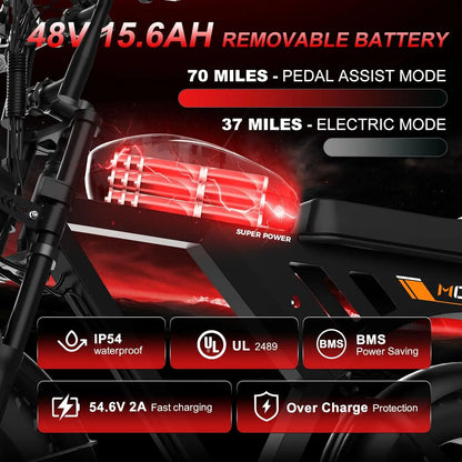 【Summervibes】Movcan V30/V30Max Electric Bike for Adults 1500W/2000W Motor 20" Fat Tire Ebike, 28/32MPH，70-120 Miles,48V 15.6AH Dual Battery Hydraulic Disc Brake Electric Motorcycle Bike Full Suspension