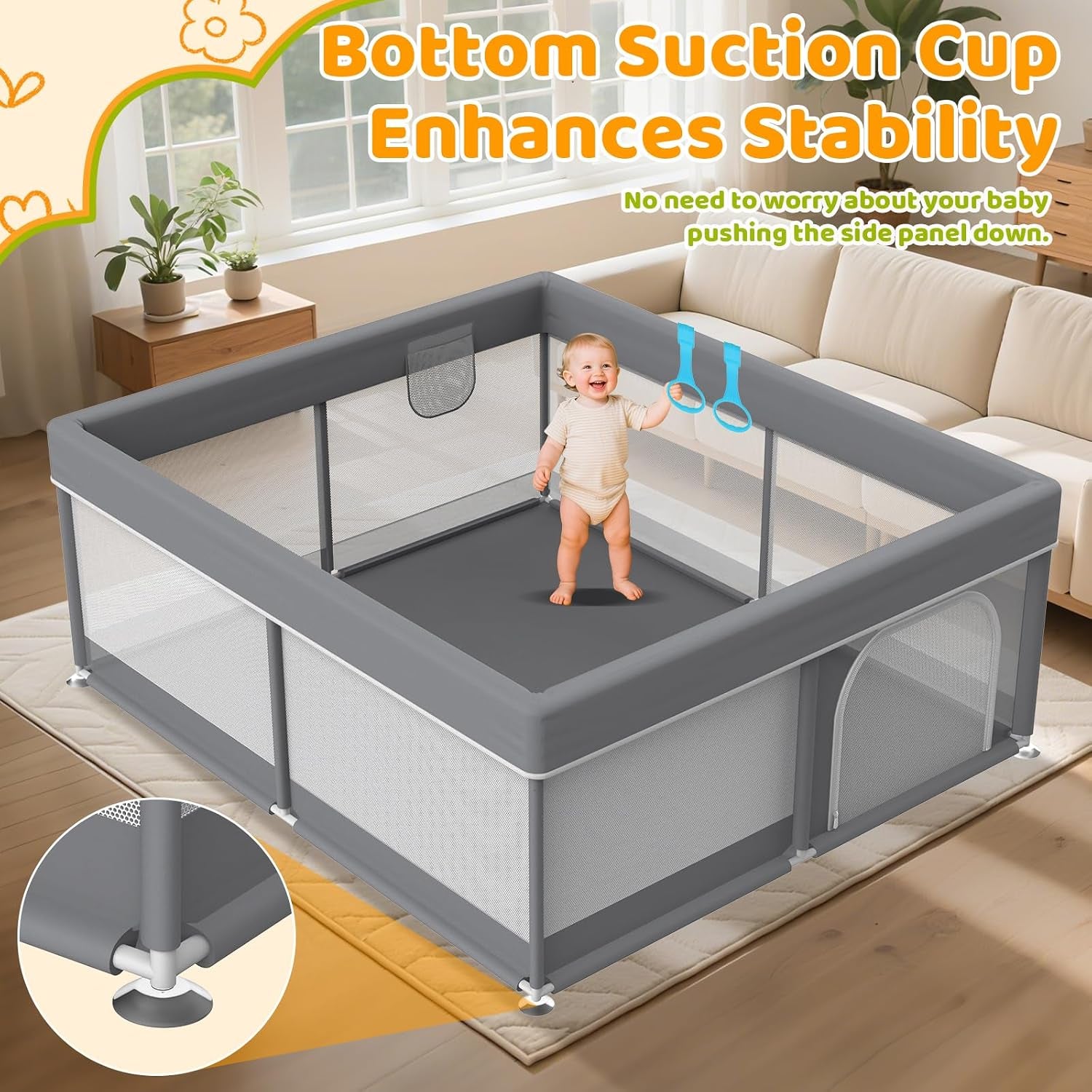 79"X71" Extra Large Baby Playpen - Playard with 2 Pull up Rings & Storage Bag Stable Manual Assembly Baby Fence with Anti-Collision Sponge Sturdy Stainless Steel Play Yard for Toddlers Dark Grey