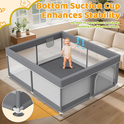 79"X71" Extra Large Baby Playpen - Playard with 2 Pull up Rings & Storage Bag Stable Manual Assembly Baby Fence with Anti-Collision Sponge Sturdy Stainless Steel Play Yard for Toddlers Dark Grey