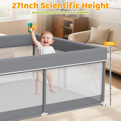 79"X71" Extra Large Baby Playpen - Playard with 2 Pull up Rings & Storage Bag Stable Manual Assembly Baby Fence with Anti-Collision Sponge Sturdy Stainless Steel Play Yard for Toddlers Dark Grey