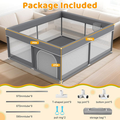 79"X71" Extra Large Baby Playpen - Playard with 2 Pull up Rings & Storage Bag Stable Manual Assembly Baby Fence with Anti-Collision Sponge Sturdy Stainless Steel Play Yard for Toddlers Dark Grey