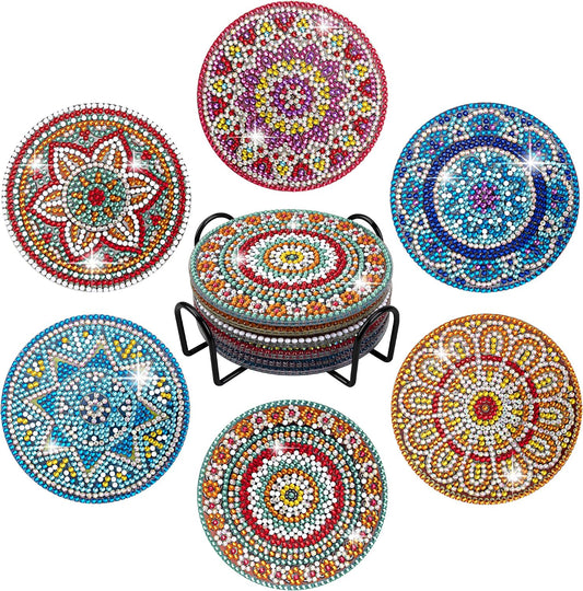 6 Pcs Diamond Painting Coasters with Holder, Mandala Diamond Art Coasters Kits for Beginners, Adults Small Diamond Painting Kit Art Craft Supplies