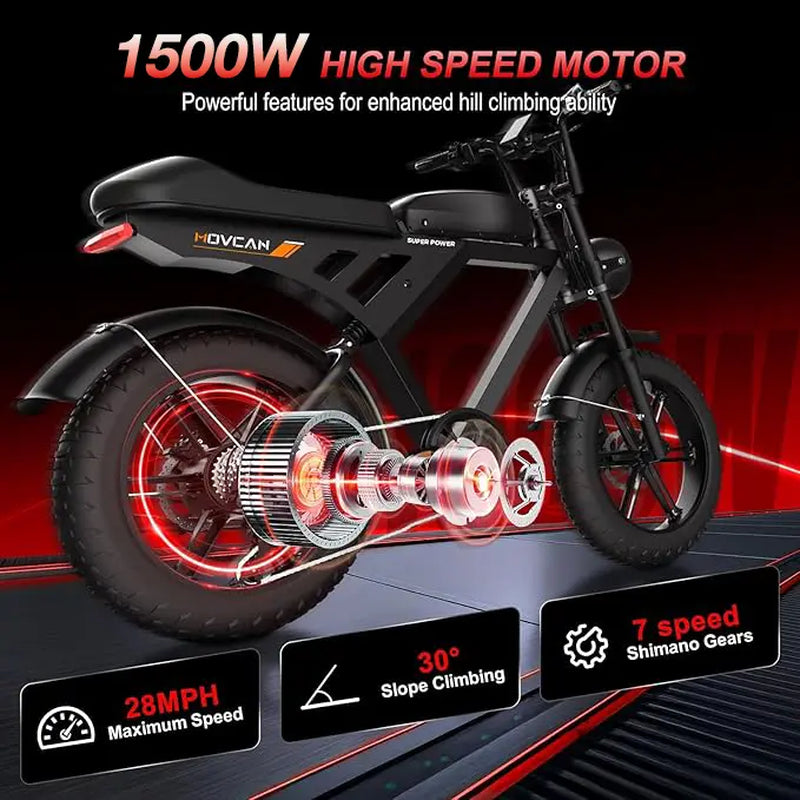 【Summervibes】Movcan V30/V30Max Electric Bike for Adults 1500W/2000W Motor 20" Fat Tire Ebike, 28/32MPH，70-120 Miles,48V 15.6AH Dual Battery Hydraulic Disc Brake Electric Motorcycle Bike Full Suspension