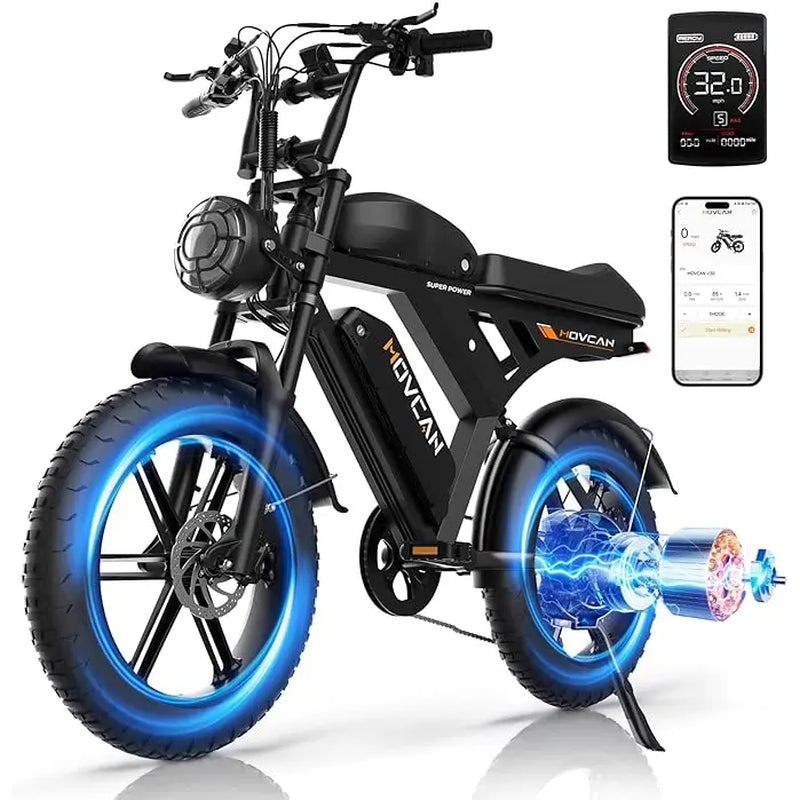 【Summervibes】Movcan V30/V30Max Electric Bike for Adults 1500W/2000W Motor 20" Fat Tire Ebike, 28/32MPH，70-120 Miles,48V 15.6AH Dual Battery Hydraulic Disc Brake Electric Motorcycle Bike Full Suspension